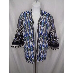 Chicos Fringe Bell Sleeve Knit Cardigan Ikat Open Front Size 3 (16) XL